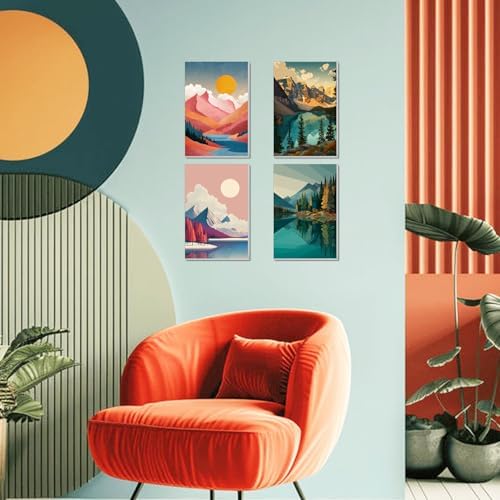 4 Pack Framed Paint by Numbers Kit for Adults Beginner Canvas Painting by Numbers for Adults Landscape Easy Adult Paint by Number Kits with Frame Mountain Watercolor Painting by Number 8x12 Inch - Image 4