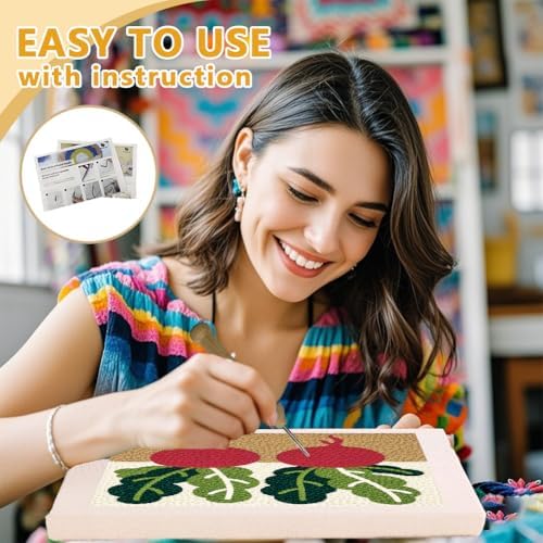 Doodlream Fresh Radish Needle Kit for Beginner, 9.4"x 9.4" Vegetable in Soil Punch Stitching Craft Set, Color DIY Embroidery Starter with Printed Frame, Instruction, Threader, Yarn, Pinch Needle - Image 3