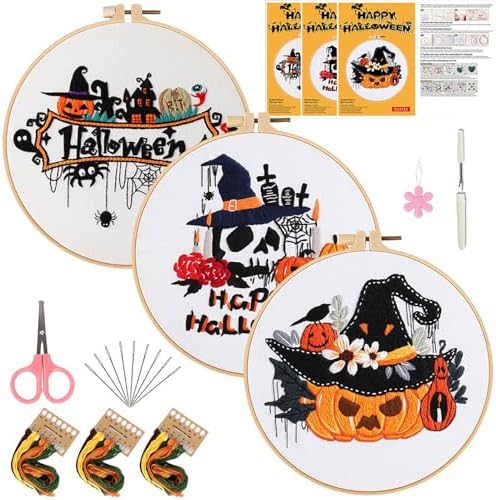 FEIYUENO 3 Pack Halloween Pumpkin Embroidery Kit for Beginner Adults by FEIYUENO