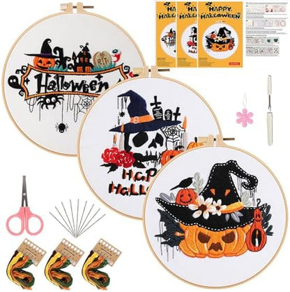 FEIYUENO 3 Pack Halloween Pumpkin Embroidery Kit for Beginner Adults by FEIYUENO