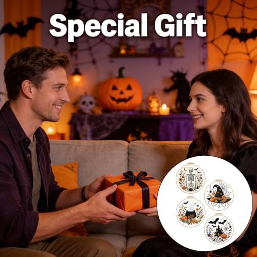 Halloween Embroidery Kit, Skeleton Cross Stitch Kits, 4 Set Craft Kits for Beginners with Pre-Printed Embroidery Fabric, Hoops, Step-by-Step Instructions, Color Threads & Needles (Halloween-4 Set) - Image 6