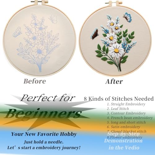FONNUY Embroidery Kit for Beginners，Plants Flowers Pre-Stamped Pattern Kits for Adults with Hoop, Easy to Follow Needlework (Butterfly Flower) - Image 4