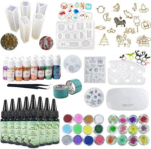 UV Epoxy Resin Kit 8x30ml with Silicone Molds & Bezels & Pigment & Decorations & Lamp & Tweezers, Transparent Crystal Clear No Mixing, Jewelry Making Starter Kit for Resin Crafts by Joligel
