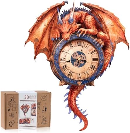 3D Puzzles for Adults-Wooden Firy Dragon Clock Puzzle DIY Clock Model Kit by RnfinewowWoodenPuzzles