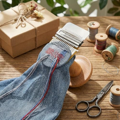 Mini Darning Loom Machine with Wood Darning Egg - 14 Hooks Speedweve Style Weaving Kit, 50 Colors Thread & 9 Large Eye Needles - Complete Sock Mending Kit for DIY Craft, Repairing Holes & Jeans - Image 6