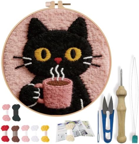 FREEBLOSS DIY Coffee Cat Punch Needle Kit for Beginners Embroidery Punch Needle Starter Craft Set with Instructions Frame Embroidery Kit for Adults Gift Decoration, 7.9"/20cm by FreeandCreativeCraftsArt