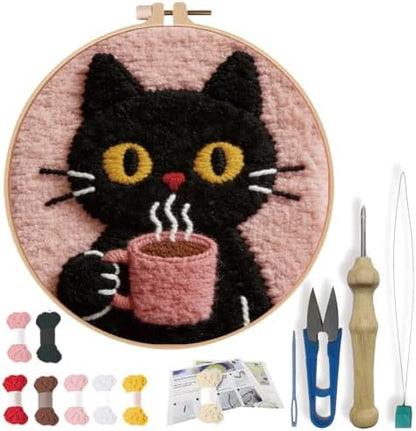 FREEBLOSS DIY Coffee Cat Punch Needle Kit for Beginners Embroidery Punch Needle Starter Craft Set with Instructions Frame Embroidery Kit for Adults Gift Decoration, 7.9"/20cm by FreeandCreativeCraftsArt