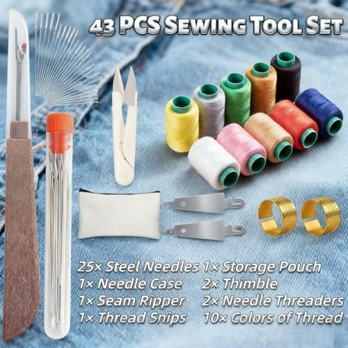 43pcs Big Eye Steel Sewing Kits Christmas White Elephant Gifts for Grandma Adults Teen Girls Beginner Traveler DIY Craft Enthusiasts, Threader and Stainless Steel Sewing Needles, Storage Pouch - Image 3