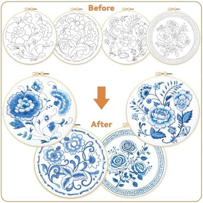 BEUNITONE 4 Set Embroidery Kit for Beginners, Blue Flower Cross Stitch Kits, Needlepoint Kits for Adults with Instructions and Full Kit, Classical Hand Embroidery Patterns for Cloth and Home Decor - Image 4
