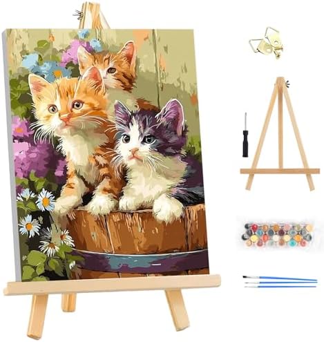 EOBROMD Framed Paint by Numbers Kits for Adults with Wooden Easel, Several Cats DIY Kits Crafts for Beginner on Stretched Canvas, 3 Brushes and Acrylic Paint for Home Decor 10x14 Inch by EOBROMD