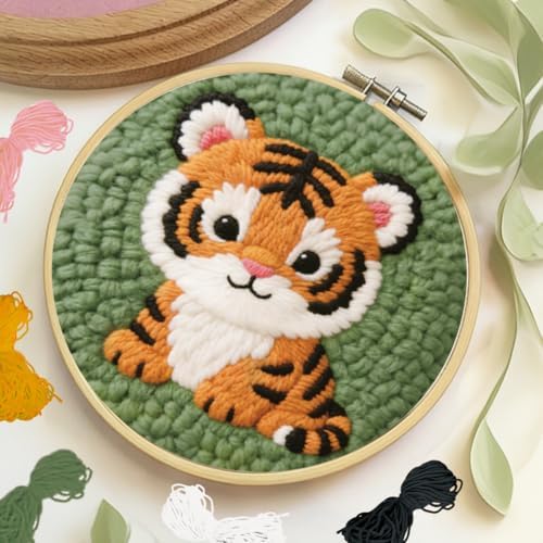 BEUNITONE Cute Tiger Punch Needle Kit for Adults Beginners, Complete DIY Craft Needlepoint Kits with Hoop, Punch Needle Starter Craft Embroidery Set for Festival Gift and Cloth Home Decor 20x20cm - Image 5