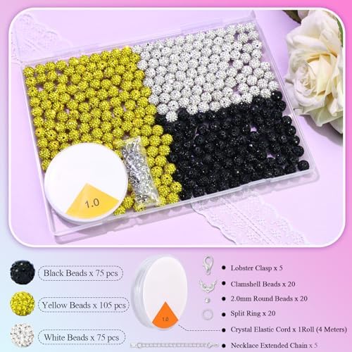 Dowarm 255PCS 10mm Rhinestone Beads for Baseball Rhinestone Necklace Bracelet Jewelry Making, Round Polymer Clay Beads for Crafts Beaded Pen, Shamballa Pave Disco Diamond Bead, Yellow|Black|White - Image 2