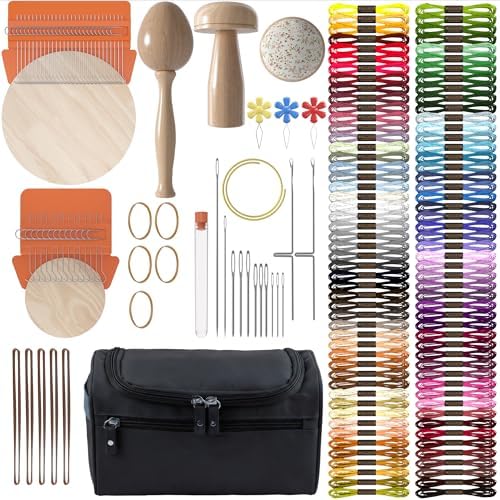 READAEER Speedweve Darning Mini Loom Kits Machine for 14 & 28Hooks Speedweve Style Weaving Darning Loom with 9 Pcs Large Eye Needles 100 Colors Thread for Handcraft DIY Weaving Repair Tool by READAEER