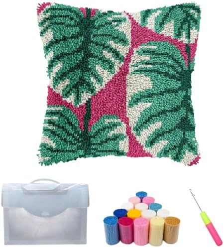 Latch Hook Kits for Adults Beginner,17x17 inch Butterfly Floral DIY Crochet Pillow Cover Kit Pre-Printed Pillowcase Hook and Latch Kit Needlework Cushion Cover for Home Sofa Decor (Monstera Leaf) by Unknown