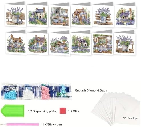 jinglinhh 12pcs Diamond Art Painting Lavender Flower House Bench Greeting Cards with Envelopes, DIY Card Making Kits for Adults, Diamond Art Postcards Christmas Cards Craft Gifts - Image 3