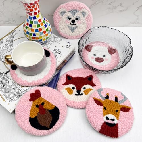 Punch Needle Coaster Kit for Adults Beginners, Easy Punch Embroidery Starter Set with Instructions – Fun Mug Rug Making Kit for Table Decor & Festival DIY Gifts (6pcs Cute Animals) - Image 2
