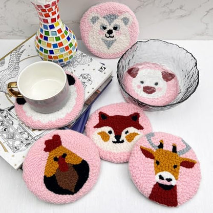 Punch Needle Coaster Kit for Adults Beginners, Easy Punch Embroidery Starter Set with Instructions – Fun Mug Rug Making Kit for Table Decor & Festival DIY Gifts (6pcs Cute Animals) - Image 2