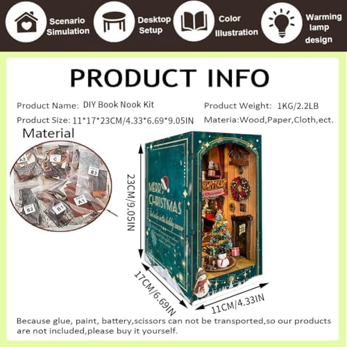 DIY Dollhouse Kit with Dust Cover, DIY Book Nook Kit Christmas Decor Booknook 3D Wooden Puzzle Nook Book Doll House with LED Light - Image 2