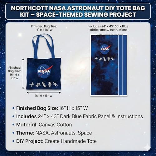 NASA Astronaut DIY Canvas Tote Bag Sewing Kit – Space-Themed Fabric Craft Project – Includes 24" x 43" Dark Blue Fabric Panel & Instructions – Create 16" x 15" Handmade Tote Bag - Image 4