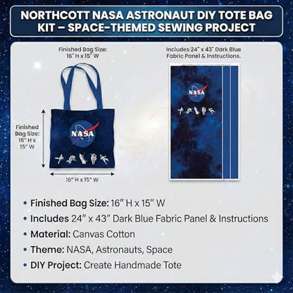 NASA Astronaut DIY Canvas Tote Bag Sewing Kit – Space-Themed Fabric Craft Project – Includes 24" x 43" Dark Blue Fabric Panel & Instructions – Create 16" x 15" Handmade Tote Bag - Image 4