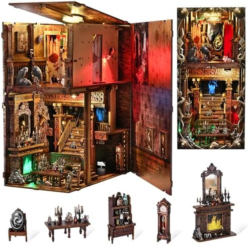 Creepy Book Nook Kit, DIY Miniature Dollhouse Halloween 3D Puzzle,Horror Scary 3D Wooden Puzzle Bookend Bookshelf Insert Decor with LED Light,Bloody Hotel by DROICC