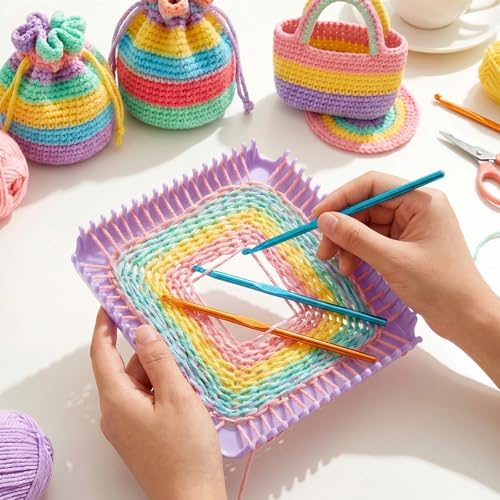 Beginner-Friendly Plastic Weaving Loom with Crochet Hook, Portable Square Loom for DIY Crafts, Looms for Weaving Enthusiasts (Purple) - Image 5