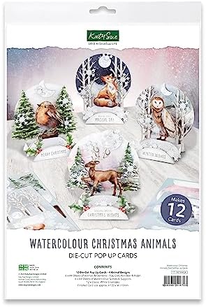 Katy Sue Watercolor Christmas Animals Die-Cut Pop-Up Card Making Kit for Adults. Makes 12 Cards with Festive Animals. Contains 12 Cards, 12 Sheets of Elements, & 12 Envelopes for Card Making Supplies by KatySue