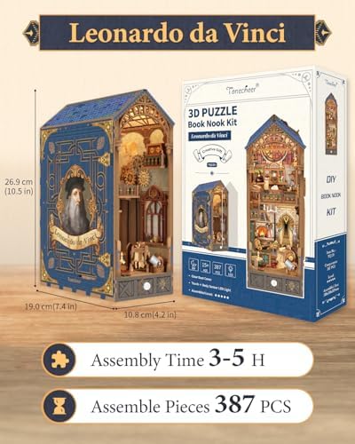 Tonecheer DIY Book Nook Kit for Adults, 3D Puzzle Wooden Miniature House Kit, Booknook Dollhouse Bookshelf Insert Decor Bookend with Dust Cover and LED Lights Gifts (Leonardo da Vinci) - Image 4
