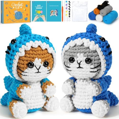 Fortuning's JDS Crochet Kit for Beginners, 2 PCS Shark Cat Crochet Kits by FortuningsJDS