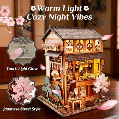 Book Nook Kit, DIY Miniature House Kit for Adults & Teens, Japanese Street Shop Scene Bookshelf Insert Decor with LED, 3D Wooden Puzzle Gift for Book Lovers (Sakura Street Shop) - Image 3