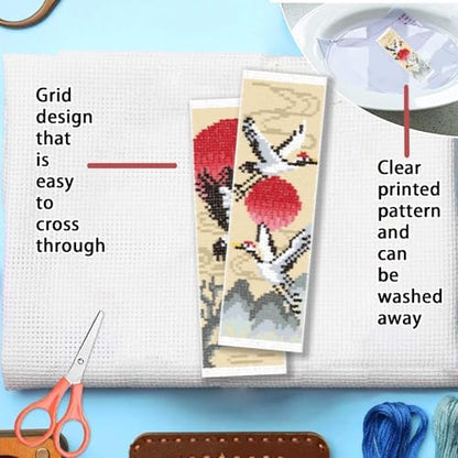 FREEBLOSS 6 Set Cross Stitch Bookmark Kit 11 CT Complete Stamped Cross Stitch Kit DIY Embroidery Bookmark Kits for Adult Beginners with Instructions, Crane Pattern, 6 x 20 cm/8" x 2.4" - Image 3
