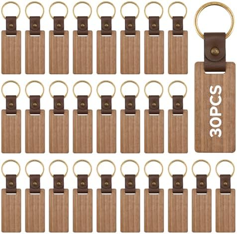 OMTech Wooden Keychain Blanks, Wood Key Chain Bulk, Unfinished Wooden Key Rings Key Tags for Laser Engraving DIY Craft Gift by OMTech