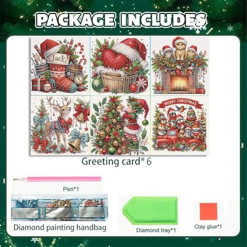 jinglinhh 6pcs Diamond Art Painting Christmas Cats Animals Stocking Elk Greeting Cards with Envelopes, DIY Card Making Kits for Adults, Diamond Art Postcards Christmas Cards Craft Gifts - Image 3