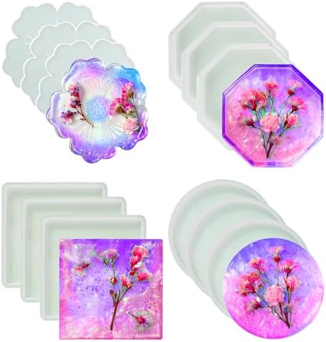 Resin Coaster Molds,Silicone Molds for Resin,12PCS with Round,Square,Octagon, Flower Coaster Molds for Epoxy Resi n,4 Shapes Silicone Molds for DIY Art,DIY Gift for Women by Loyohep