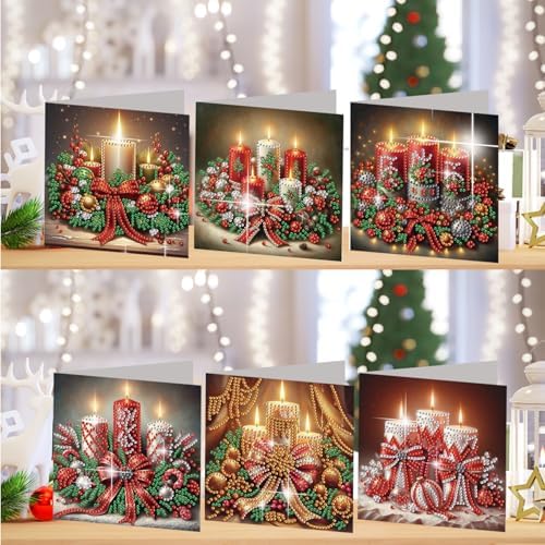 jinglinhh 6pcs Christmas Bow Candle Diamond Art Painting Greeting Cards with Envelopes, DIY Card Making Kits for Adults, Diamond Art Postcards Christmas Cards Craft Gifts - Image 4