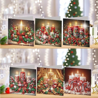 jinglinhh 6pcs Christmas Bow Candle Diamond Art Painting Greeting Cards with Envelopes, DIY Card Making Kits for Adults, Diamond Art Postcards Christmas Cards Craft Gifts - Image 4