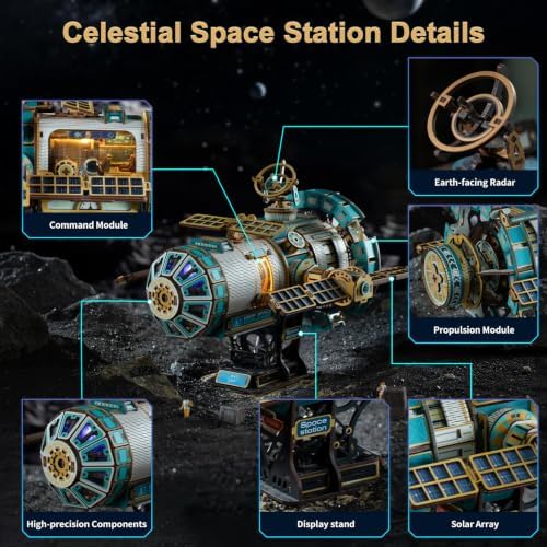 Mechanical 3D Wooden Puzzles for Adults, Space Station DIY Rotating Miniature House Kit with LED Lights & Music, 511PCS DIY Moving Building Model Craft Kit, Creative Home Decor Birthday Gift - Image 3