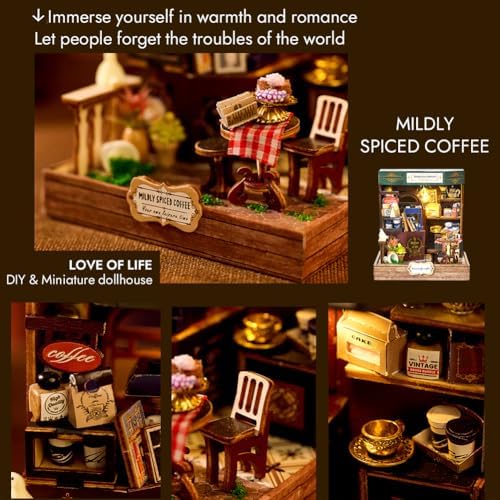 Book Nook Kit, DIY Miniature House Kit with LED, 3D Wooden Puzzles for Adults Mini House Building Kit, Dollhouse Kit Bookshelf Insert Decor Creative Gifts (Corner Cafe) - Image 4