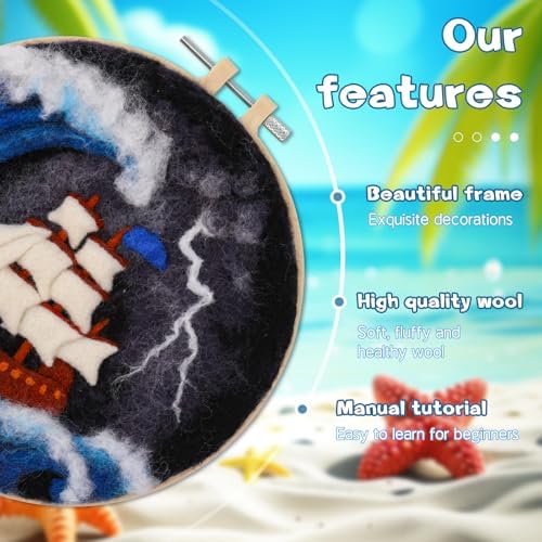 QMNNMA Needle Felting Kits, Wool Felting Kit with Picture Frame, Foam Pad, Felt Cloth, and Instructions, Needle Felt Painting Kit for Home Decoration (Sea Waves and Sailboats) - Image 3