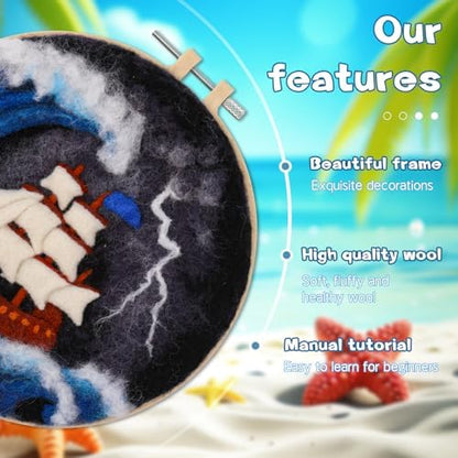 QMNNMA Needle Felting Kits, Wool Felting Kit with Picture Frame, Foam Pad, Felt Cloth, and Instructions, Needle Felt Painting Kit for Home Decoration (Sea Waves and Sailboats) - Image 3