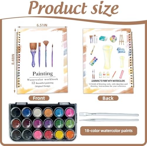 Watercolor Workbook, Water Coloring Book, 12 Different Patterns of Original DIY Designs, 18 Colors Watercolor Set, Beginner-Friendly Watercolor Workbooks (Painting), Perfect Gifts for Adults - Image 2