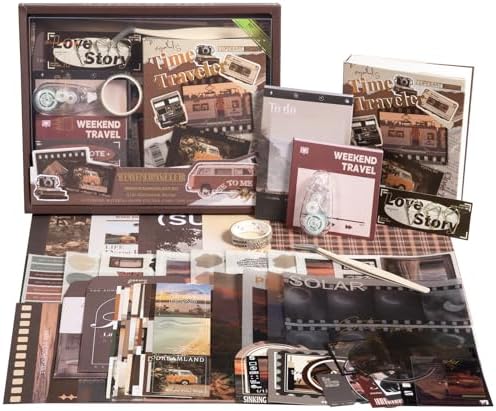 Travel Scrapbook Photo Album Supplies Kit with Tweezers and Glue Tape, Aesthetic Vintage Junk Journal Scrapbooking Paper, Sticker Pack, Notebook Craft Supplies, DIY Gift for Adult Men Women (Traveler) by Unknown