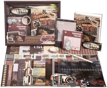 Travel Scrapbook Photo Album Supplies Kit with Tweezers and Glue Tape, Aesthetic Vintage Junk Journal Scrapbooking Paper, Sticker Pack, Notebook Craft Supplies, DIY Gift for Adult Men Women (Traveler) by Unknown