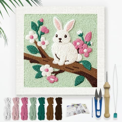 Doodlream Rabbit On Branch DIY Punch Needle Embroidery Kit for Adult Beginner, 9.4" Bunny Flower Punch Stitching Craft Set for Starter with Frame,Fabric Pattern,Threader, Yarn, Pinch Needle by Doodlream
