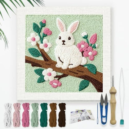 Doodlream Rabbit On Branch DIY Punch Needle Embroidery Kit for Adult Beginner, 9.4" Bunny Flower Punch Stitching Craft Set for Starter with Frame,Fabric Pattern,Threader, Yarn, Pinch Needle by Doodlream