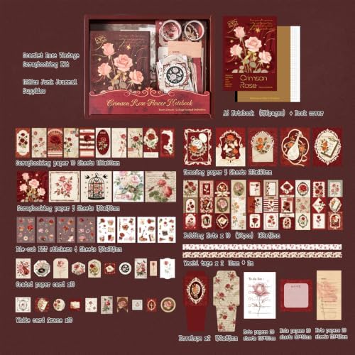Diuhofart Crimson Rose Scrapbooking Supplies Kit, 128 Pcs Junk Journal Set - Image 4