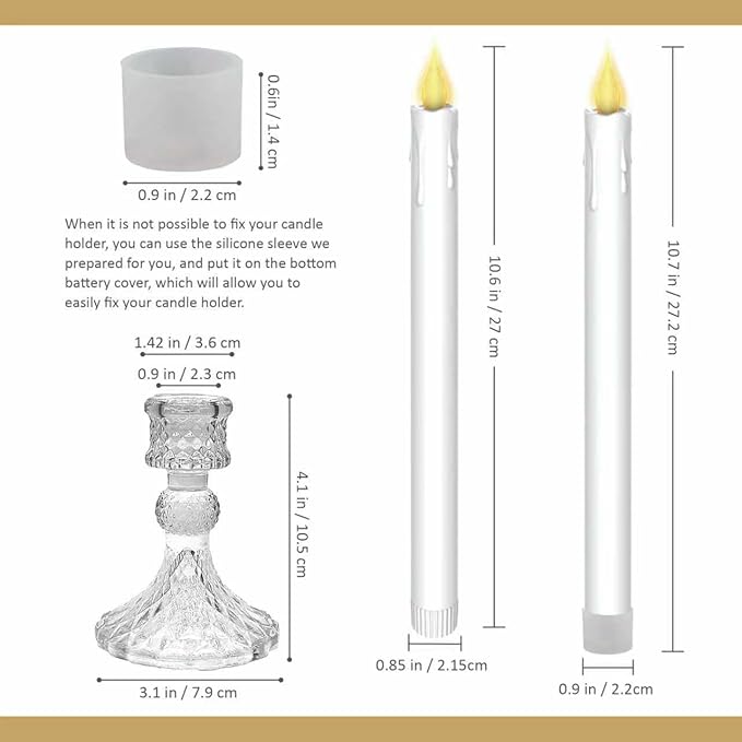 Flameless LED Taper Candles Wish Illuminated Holder - Glass Candle Holder, Remote Timer 2AA Battery Operated 500+ Hours for Thanksgiving/Xmas Decor, Wedding Centerpiece (White, 2 Pack)