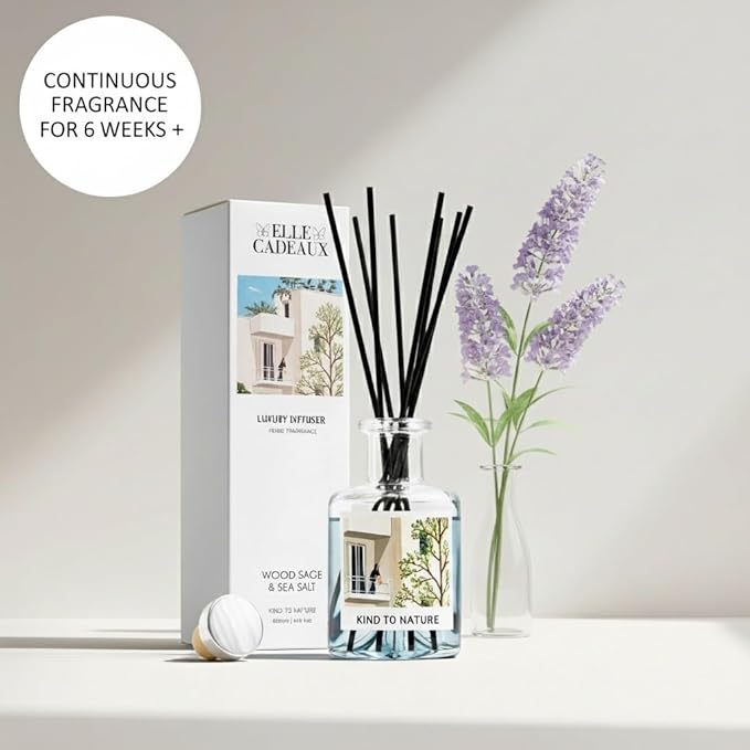 Elle Cadeaux - Wood Sage & Sea Salt Oil Reed Diffuser | Long Lasting Home Fragrance Essential Oils | Reed Diffusers for Home, Room, & Bathroom | Housewarming Gift | 6oz
