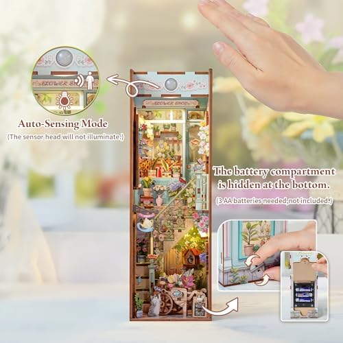 Tonecheer DIY Book Nook Kit for Adults, Booknook Wooden 3D Puzzle Bookend Miniature House Kit, Fantasy Bookshelf Decor with Sensor LED Light Gifts for Birthday Valentine's Day (Flower Shop) - Image 5
