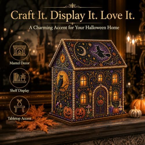 Halloween Wooden House 3D Rhinestone Diamond Art DIY Kit, for Adults, Wooden 3D House with Round Rhinestones and Pearl Accents for Hands-on Halloween Crafting and Tabletop Seasonal Decor. (Style-D) - Image 5